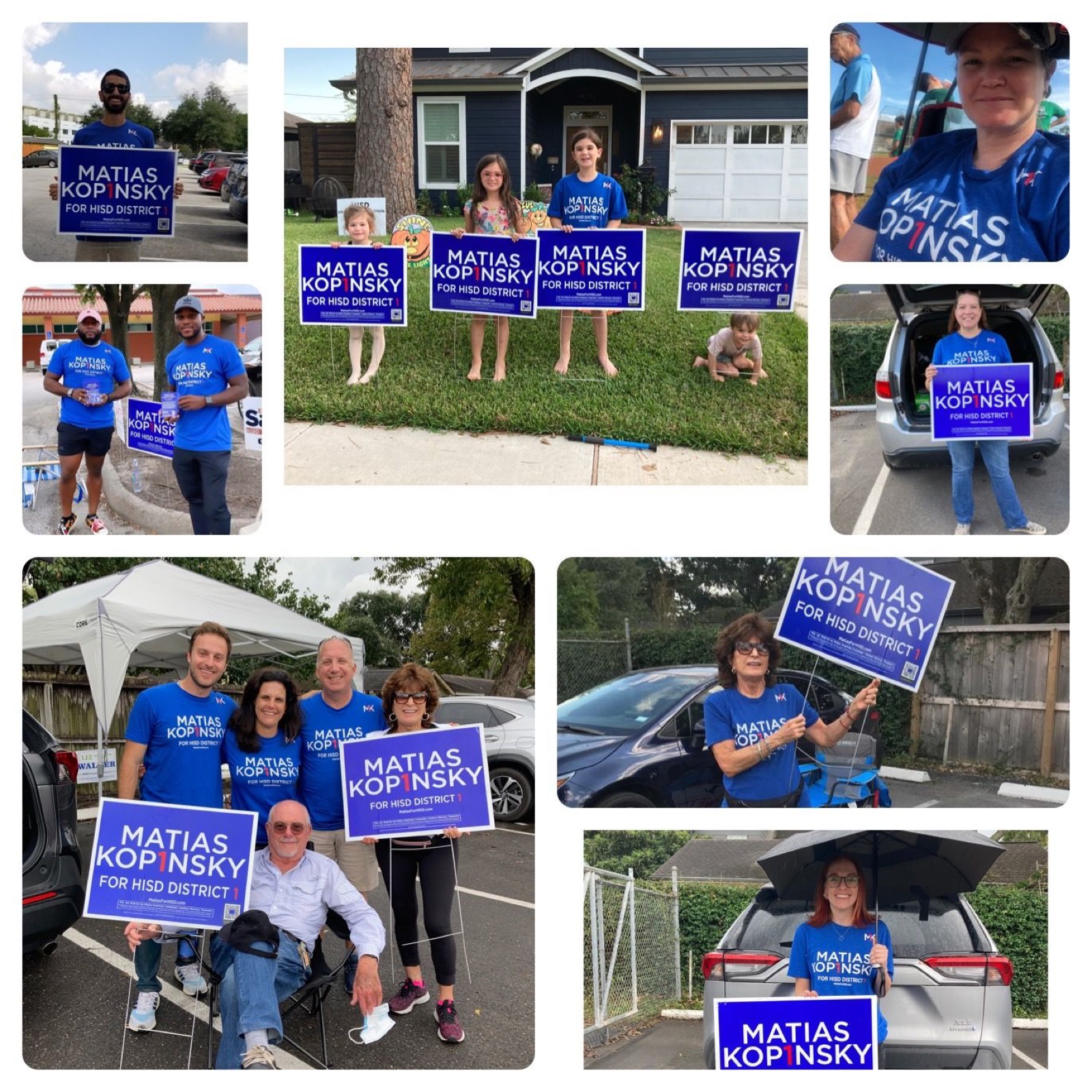 Matias Kopinsky campaign supporters, neighbors and families across Houston ISD District I, holding yard signs in 2021
